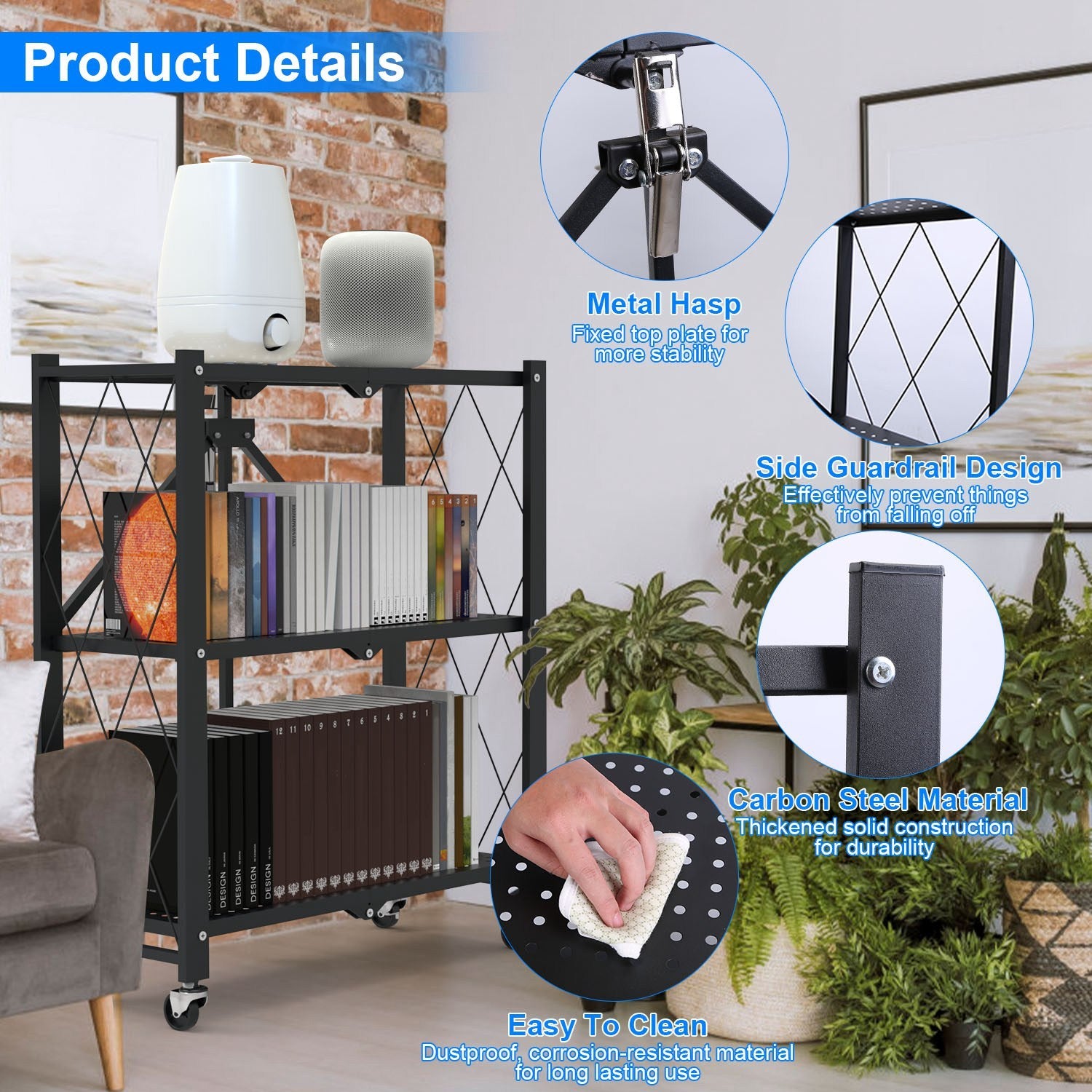 1Pc 3Tier Foldable Storage Shelf With Lockable Wheels No Assembly Rolling Utility Shelf Heavy Duty Collapsible Organizer Rack For Kitchen Living Room Basement Pantry Bedroom.