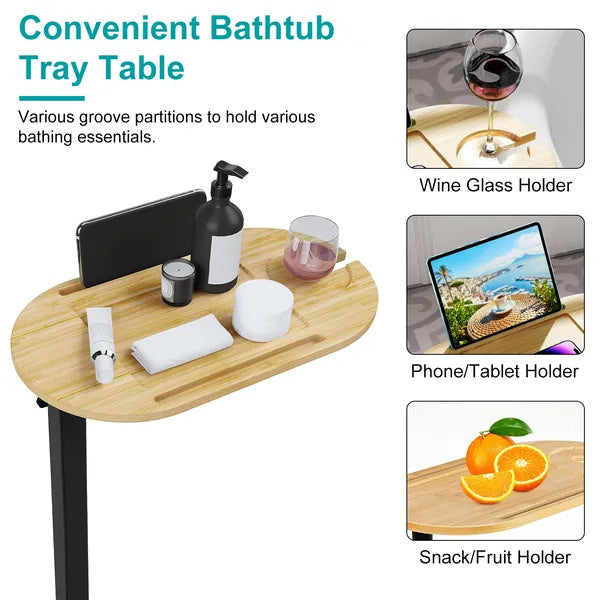 C-Shaped Bathtub Tray Table With Adjustable Height Rotatable Desktop Freestanding Bath Caddy Against Wall Couch Bed Sofa Side Table