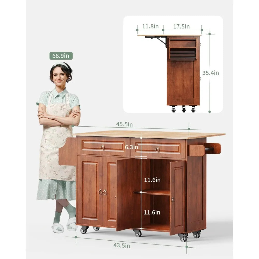Kitchen Island with Drop Leaf and Storage, on Wheels Two Drawers, Large Storage Cabinet, Towel Rack Spice Cart Brown
