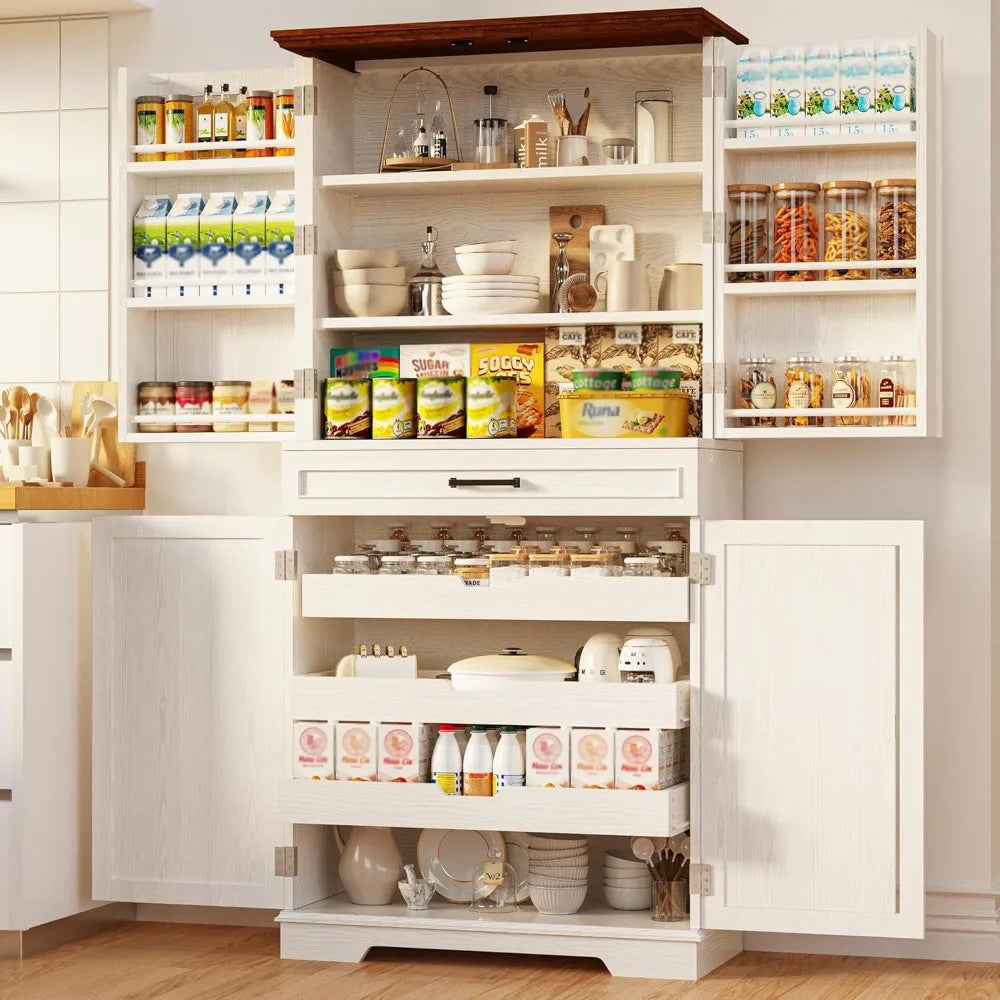 Farmhouse Kitchen Pantry Cabinet, 72" Height Tall Freestanding Cupboard with Sliding Storage Rack and 6 Hanging Shelves for Kit