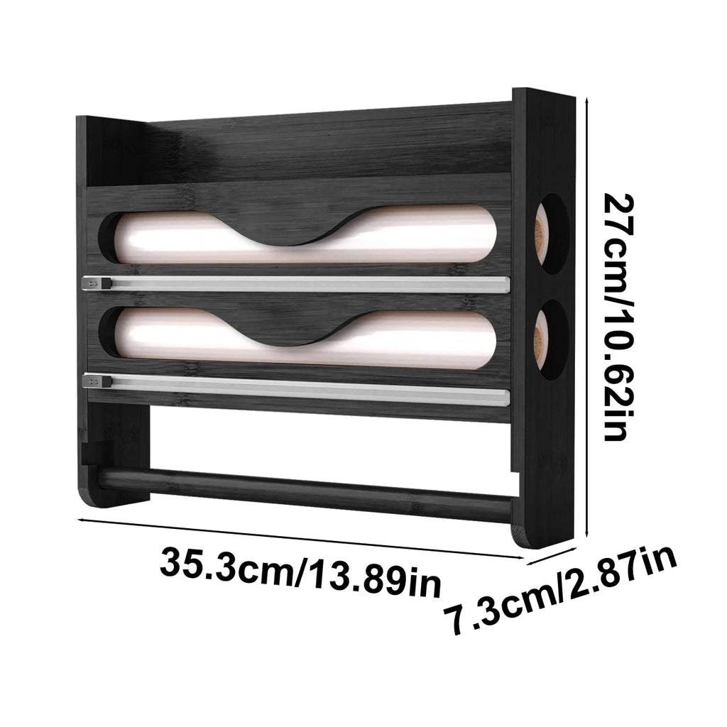 Bamboo Foil And Clingfilm Organizer With Cutter Wall Mounted Paper Towel Holder,For Home Kitchen Organization And Storage