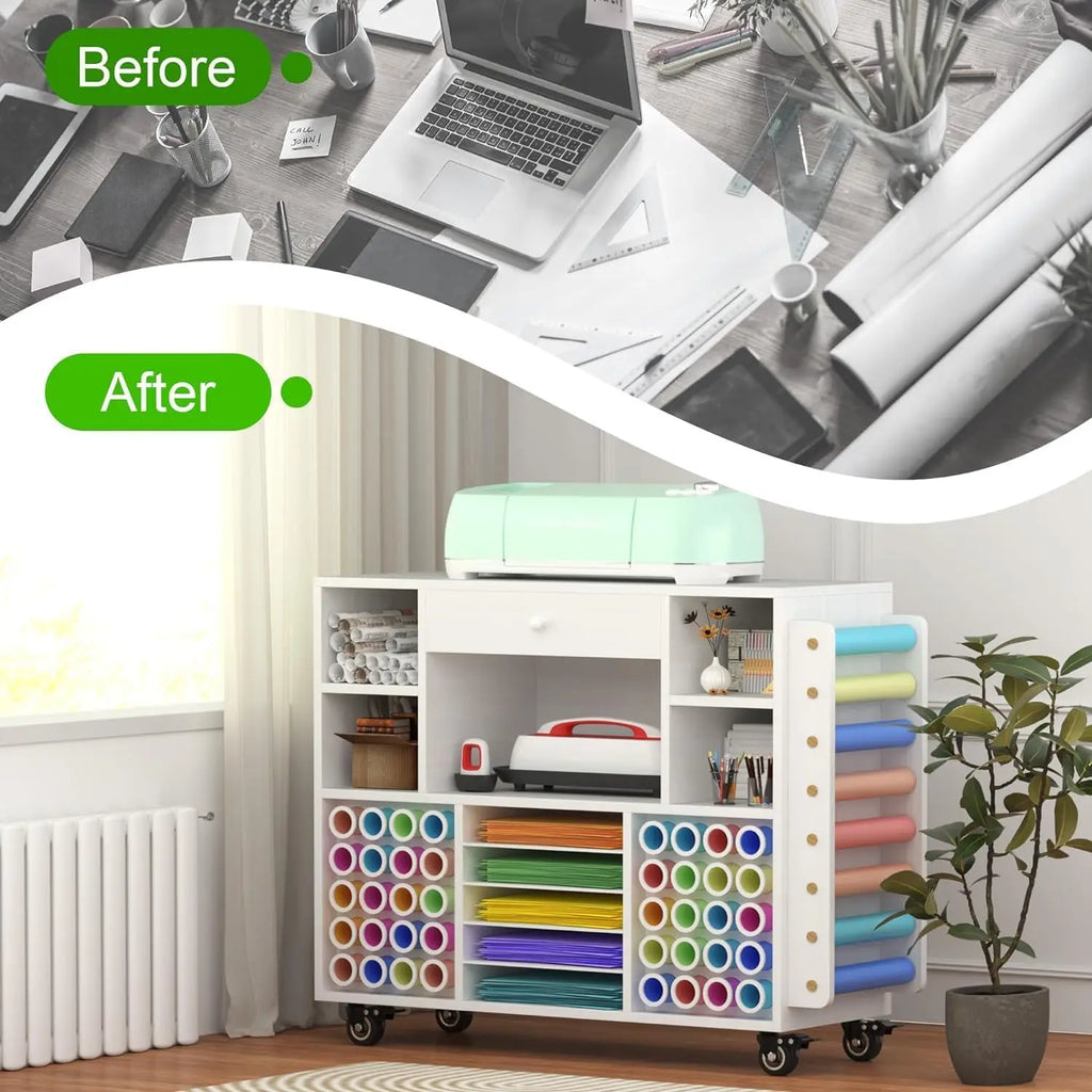 Craft organization and storage Cart Compatible with Machine, Rolling Craft Organizer With large drawer & 48 Vinyl Roll Holder