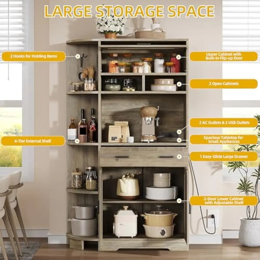 67" Farmhouse Kitchen Pantry Cabinet, Bakers Rack w/Storage Cabinet, Coffee Bar w/Charging Station, Buffet Sideboard