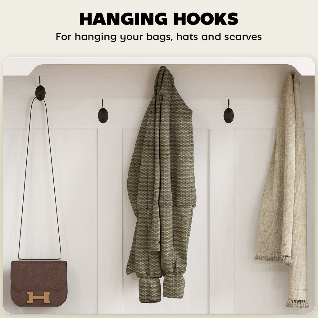 3-in-1 Hall Tree With Shoe Storage, Coat Rack With Bench, Entryway Furniture With Five Hooks, White Wood Grain