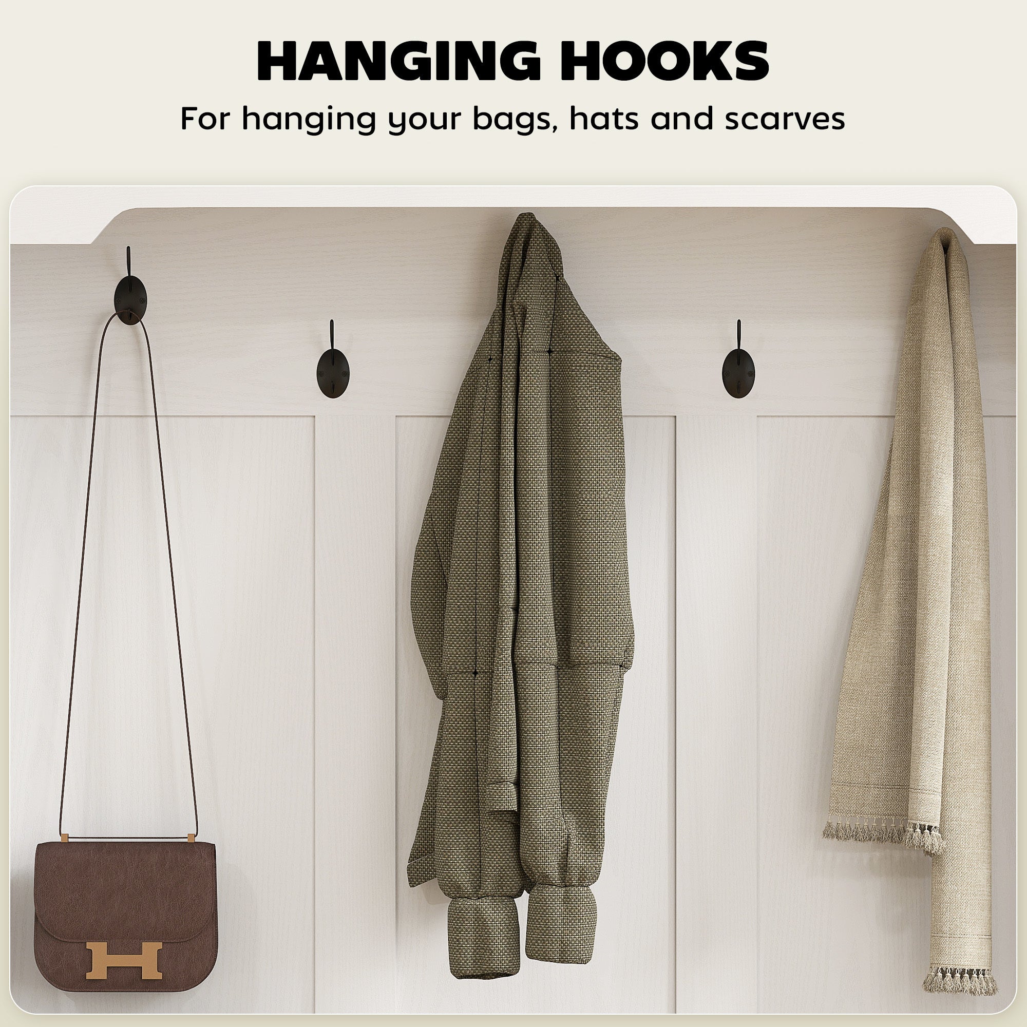 3-in-1 Hall Tree With Shoe Storage, Coat Rack With Bench, Entryway Furniture With Five Hooks, White Wood Grain