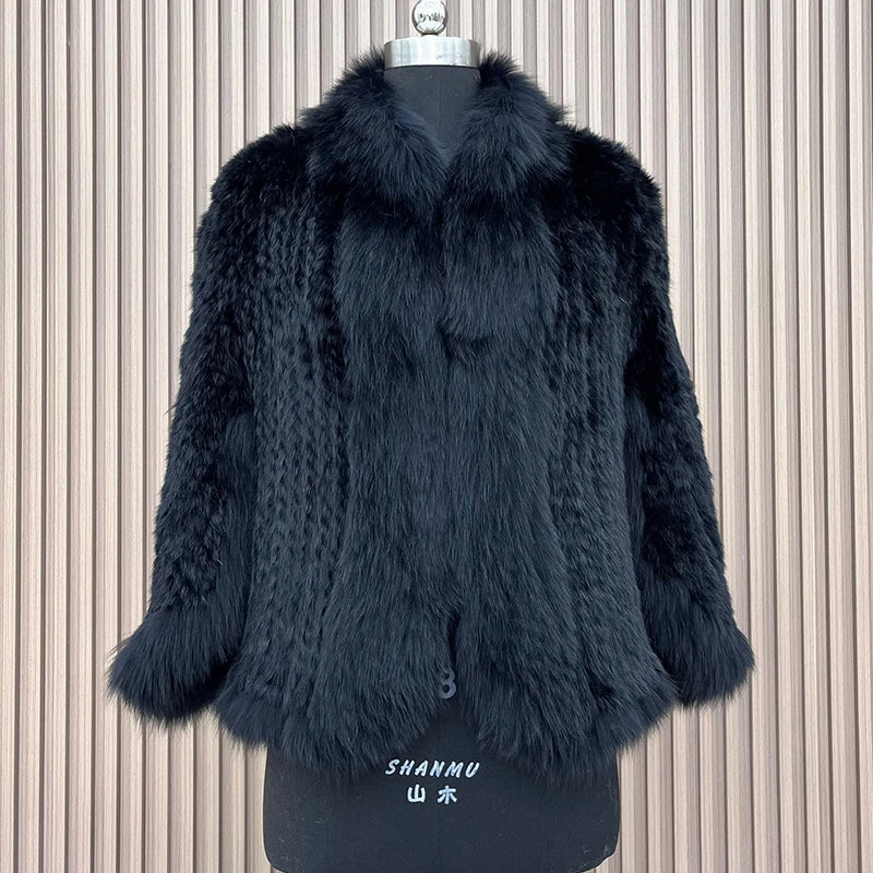 2025 New Natural Rabbit Fur Bat Shirt Coats Knitted Women Real Fox Fur Collar Jackets Luxury Woman Clothing Outwear