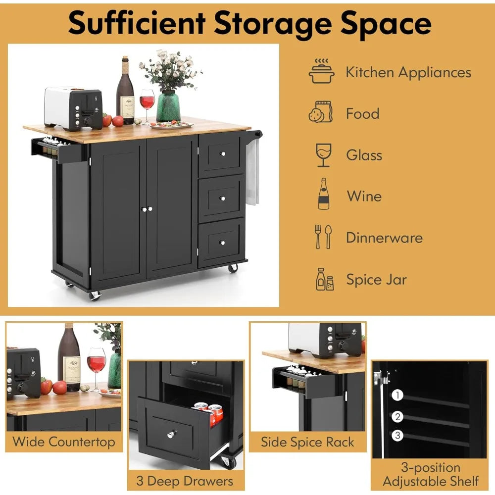Rolling Kitchen Island with Drop Leaf, 3-Drawer Cart on Wheels, Rubberwood Top, Towel and Spice Rack
