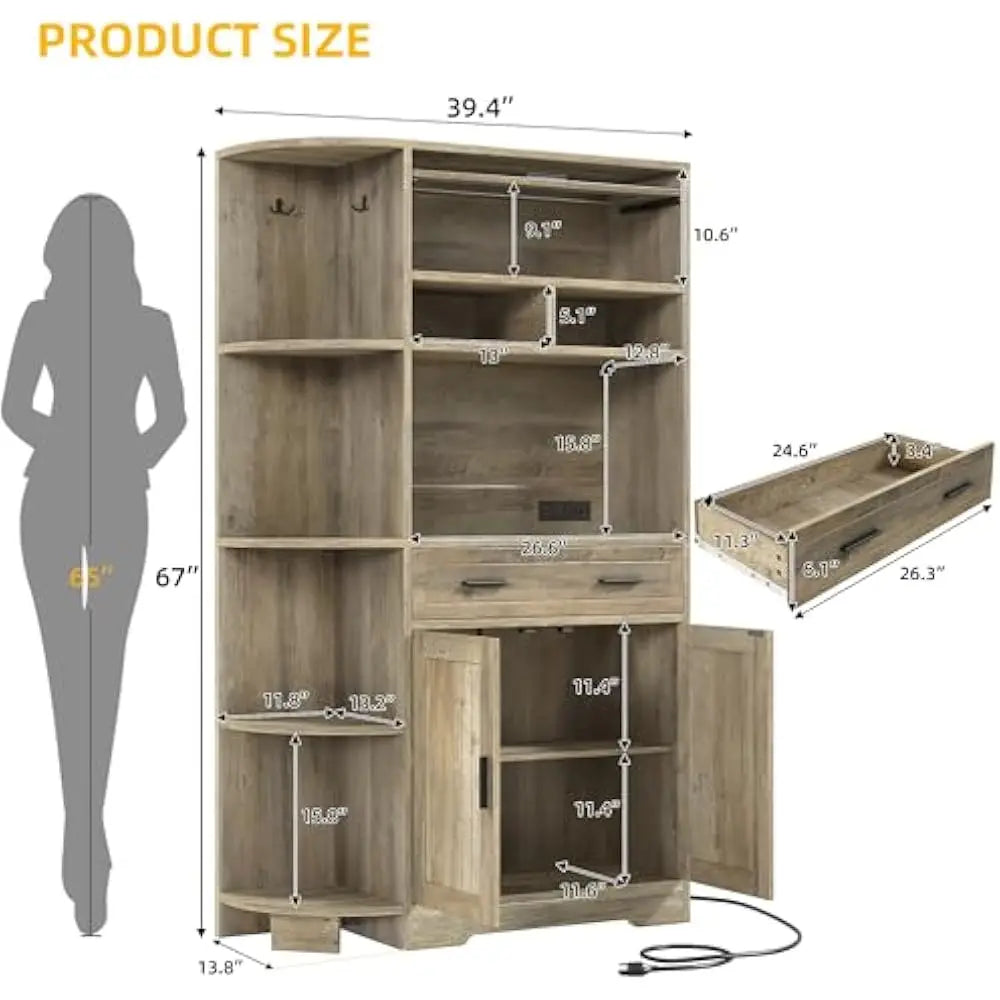 67" Farmhouse Kitchen Pantry Cabinet, Bakers Rack w/Storage Cabinet, Coffee Bar w/Charging Station, Buffet Sideboard