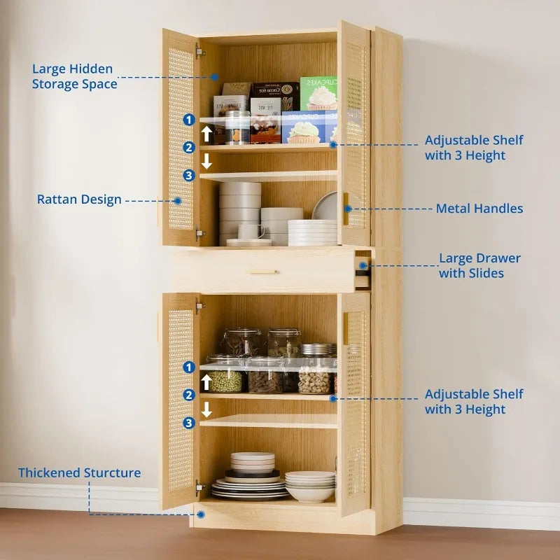 Kitchen Pantry Cabinet, 71" Tall Rattan Doors Storage Cabinet with Large Drawer and Adjustable Shelves, Freestanding