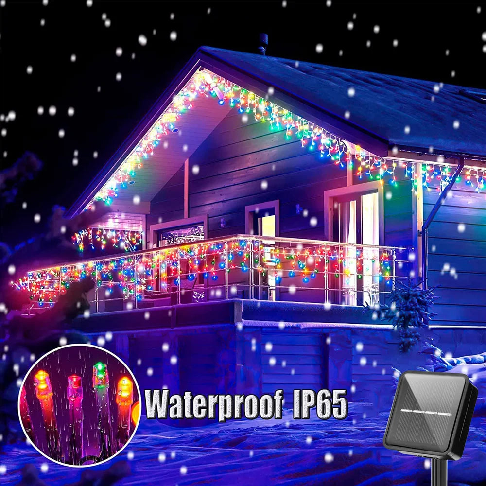 4m Solar Icicle Curtain Lights Christmas Fairy String Light Outdoor Waterproof Decoration Light for Holiday Wedding Party Garden