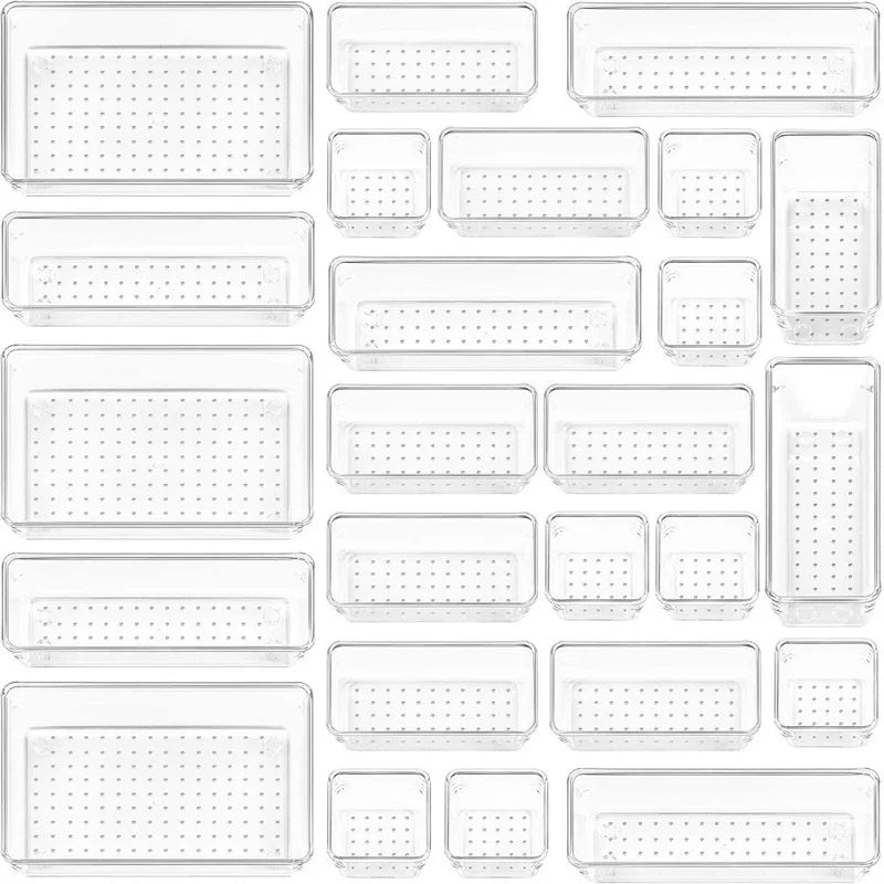10-Piece Versatile Drawer Organizer Set - Clear Plastic Trays and Dividers in 4 Sizes for Perfect Makeup and Kitchen Storage.