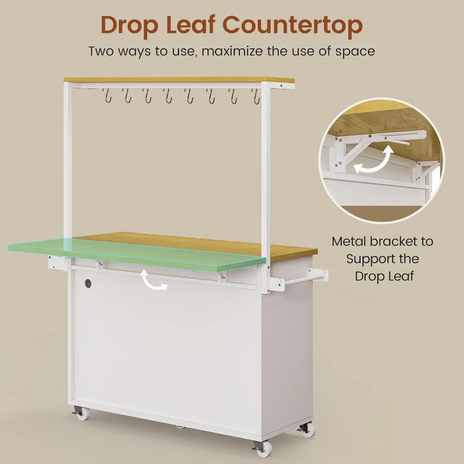 Rolling Kitchen Island Table on Wheels with Drop Leaf, 40" Mobile Kitchen Carts with Trash can Storage, Storage Cabinet, D