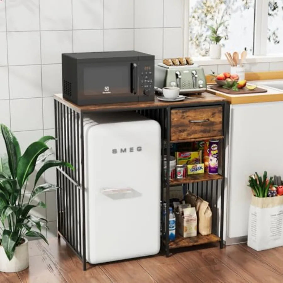 Mini Fridge Cabinet with Power Outlet 3Tier Industrial Style Kitchen Microwave Stand Baker Rack with Drawer Utility Storage She