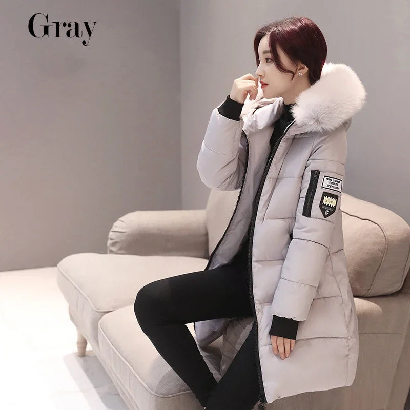2025 Winter Women Parka Coats Long Cotton Casual Fur Hooded Jackets Thick Warm Slim-fit Jacket Female Overcoat Clothing