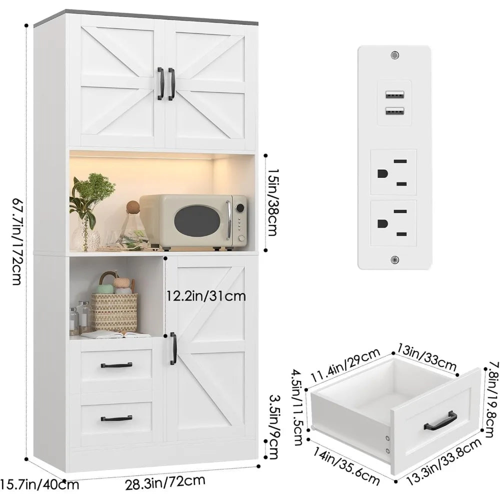 Kitchen Pantry Storage Cabinet Tall Farmhouse Kitchen Pantry with Barn Doors and Drawers, Adjustable Shelves for Dining Living R