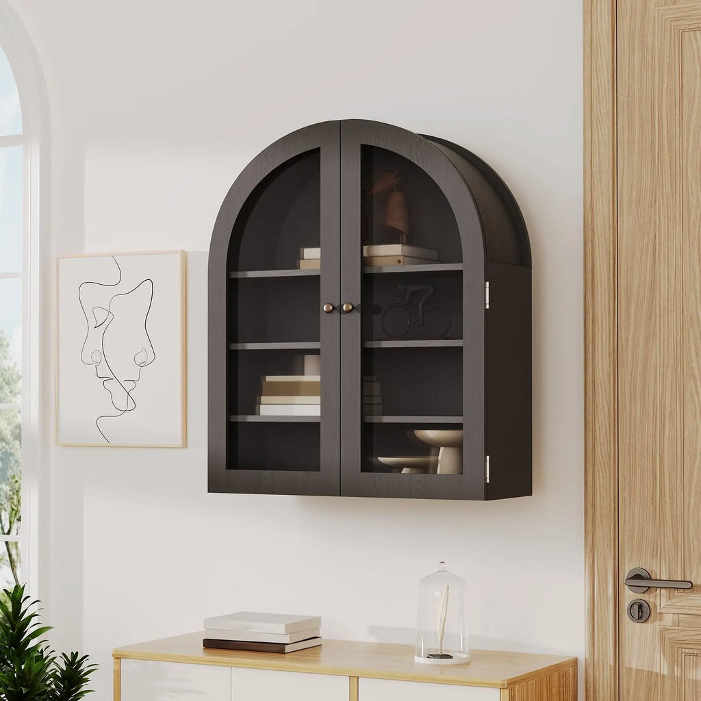 Small Wall-Mounted Cabinet, Arched Bathroom Medicine Cabinet with Glass Doors & Adjustable Shelves, Wood Kitchen Organizer