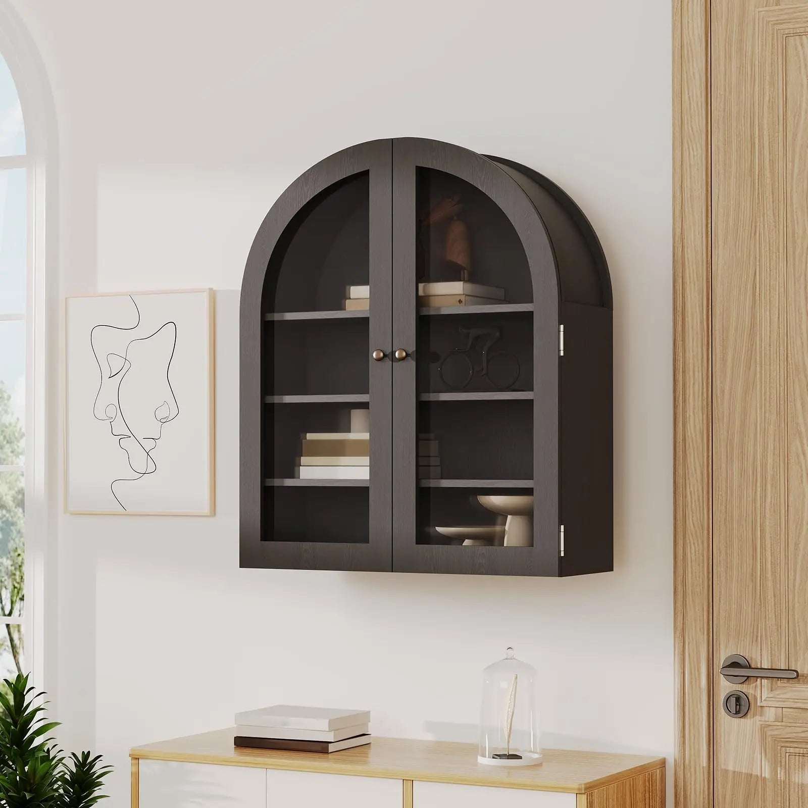 Small Wall-Mounted Cabinet, Arched Bathroom Medicine Cabinet with Glass Doors & Adjustable Shelves, Wood Kitchen Organizer