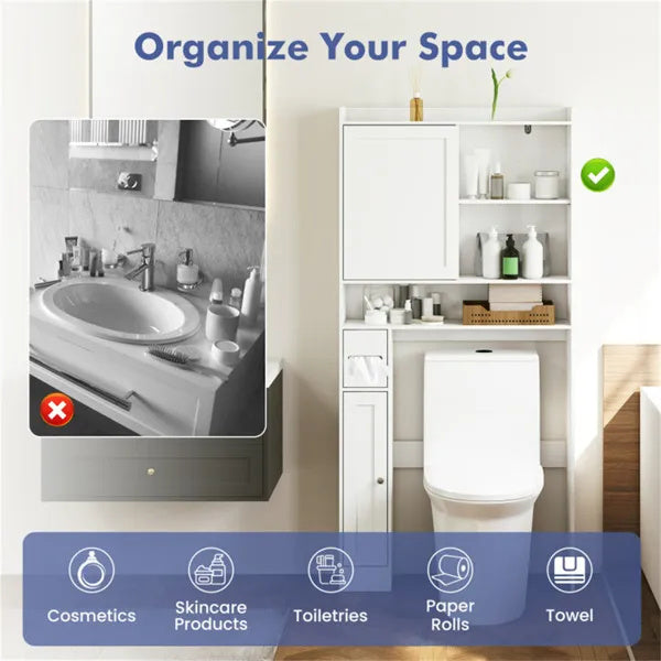 Over-The-Toilet Storage Cabinet  White- 1 Top Shelf  2 Enclosed Cabinets  Toilet Paper Holder,
