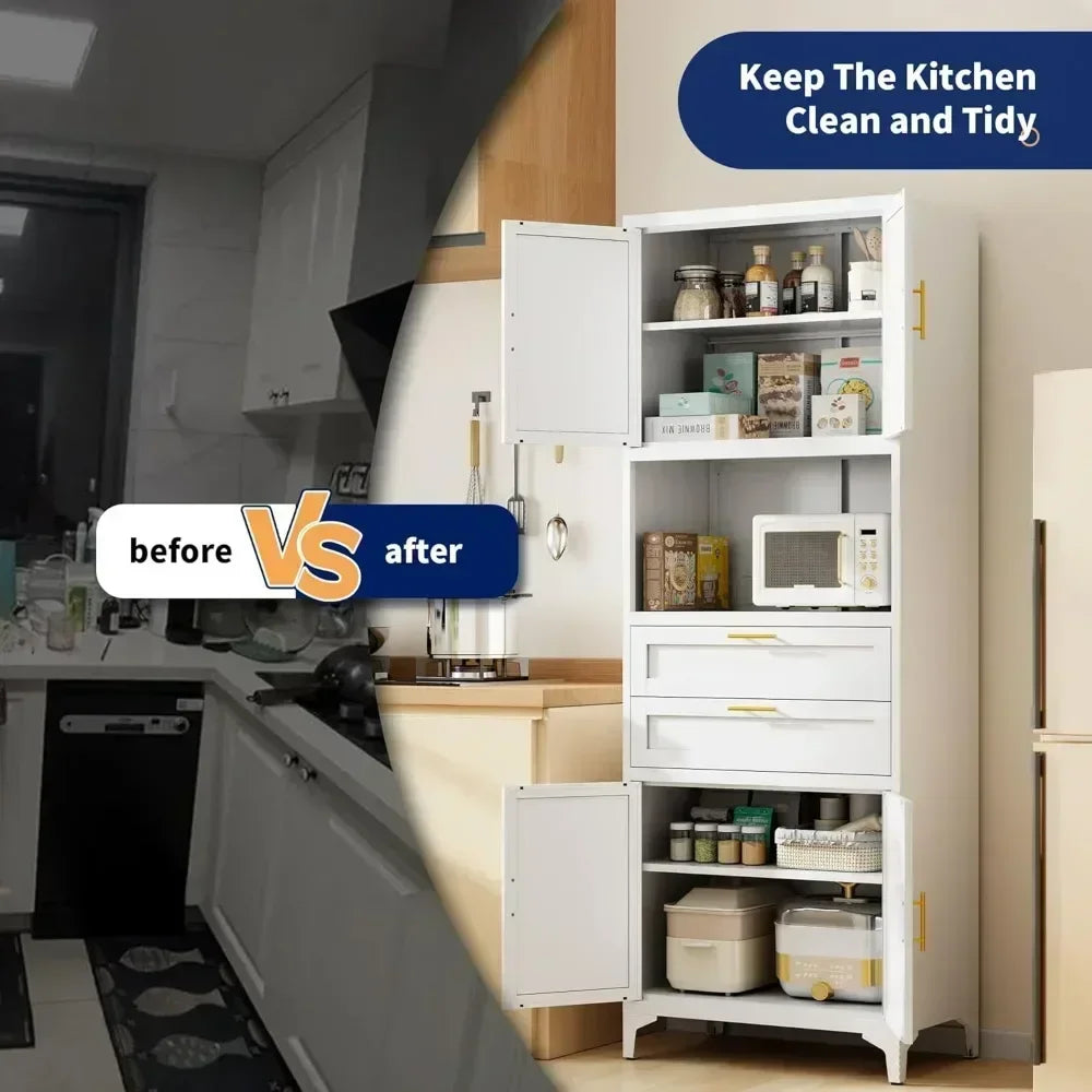 75” Tall Kitchen Pantry Storage Cabinet, Metal Storage Cabinet with 2 Drawers and Adjustable Shelves