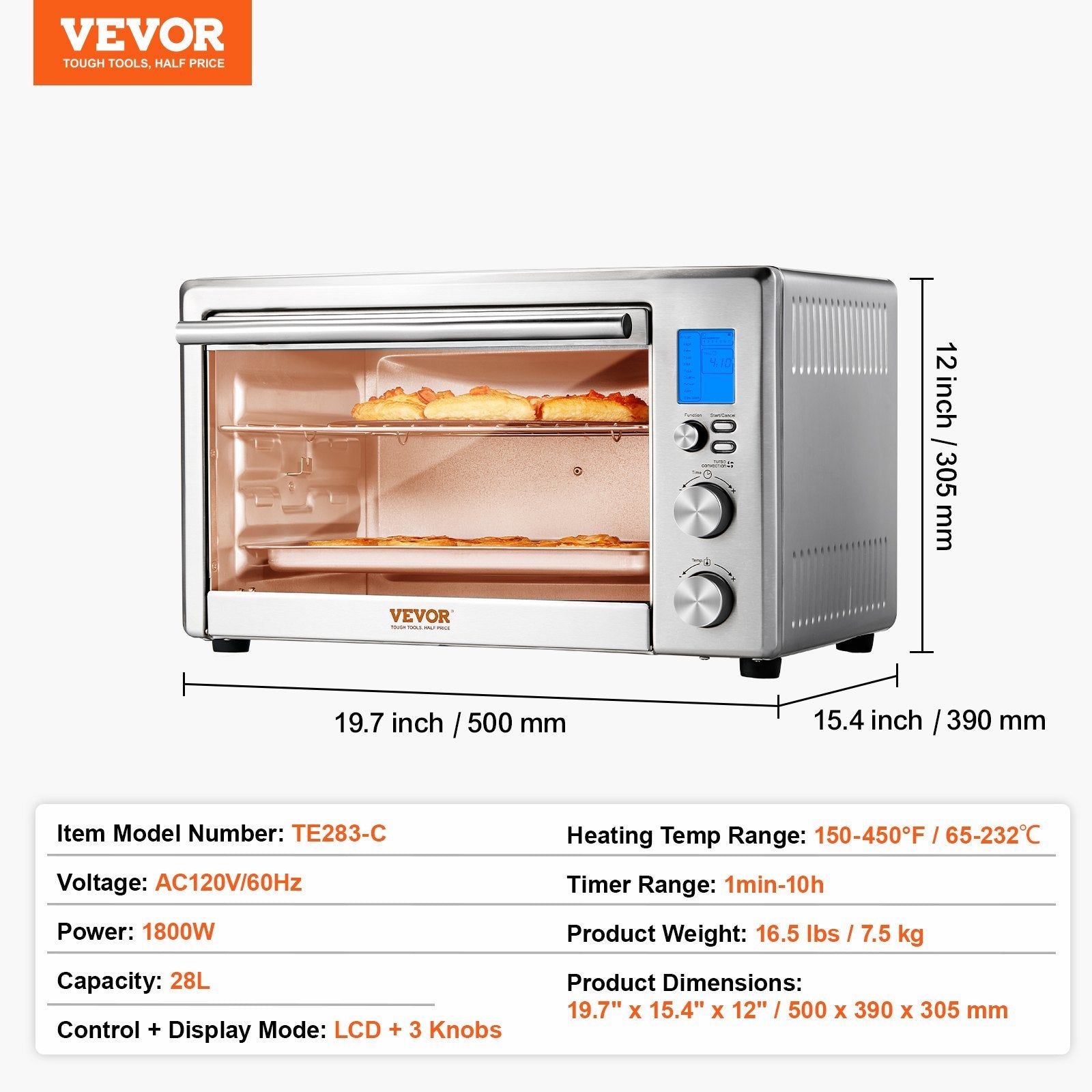 VEVOR Countertop Convection Oven 28L Toaster Baker 10-IN-1 1800W For Home Use
