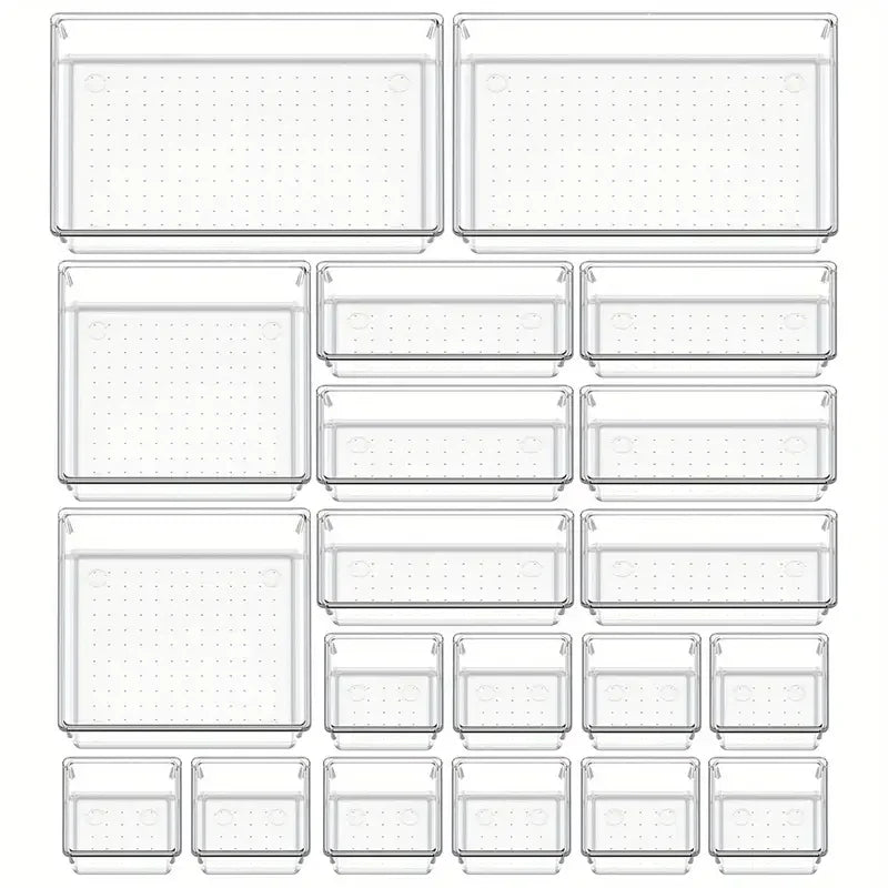 10-Piece Versatile Drawer Organizer Set - Clear Plastic Trays and Dividers in 4 Sizes for Perfect Makeup and Kitchen Storage.