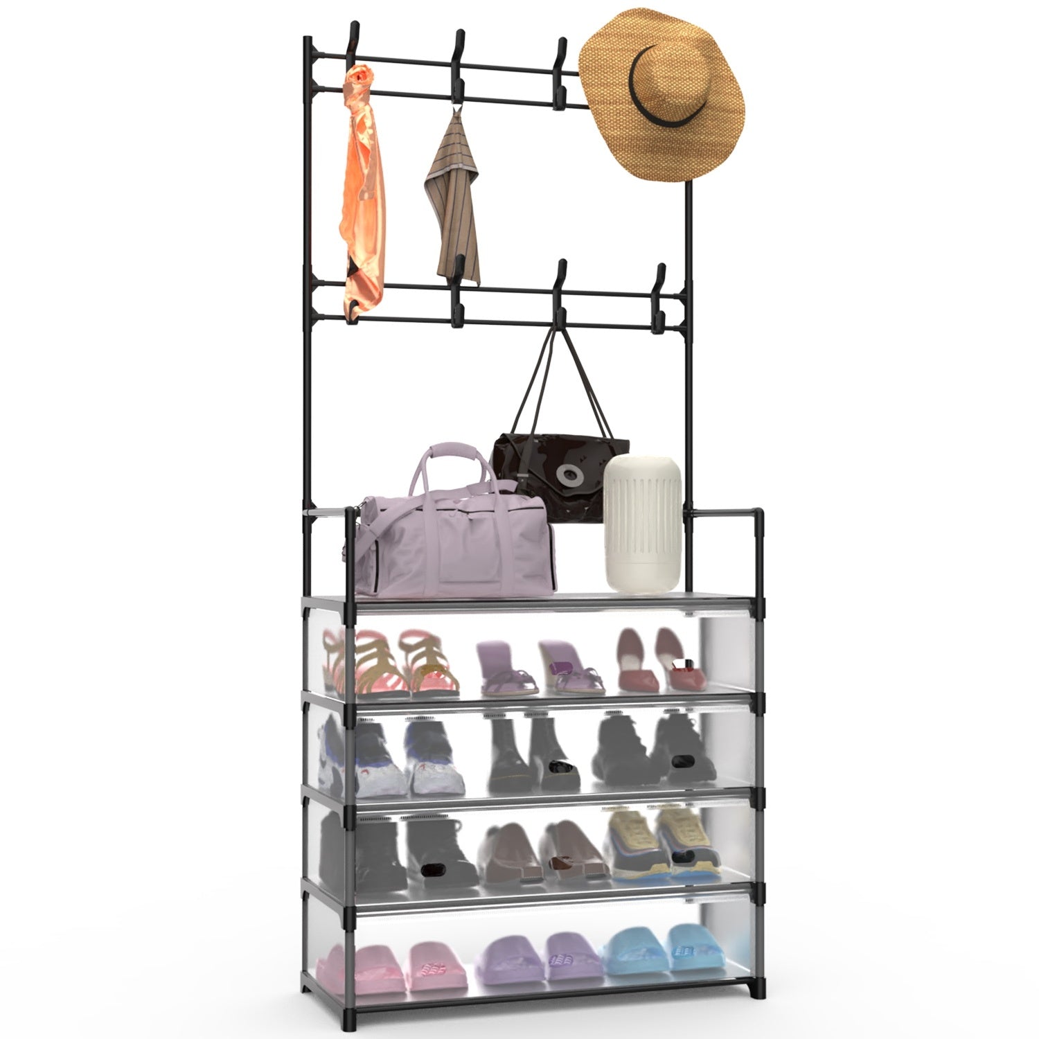 1Pc 5Tier Dustproof Entryway Hall Tree Coat Rack Shoe Rack With 8 Removable Hooks Freestanding Shoe Storage Shelf Hat Clothes Organizer For Front Door Bedroom Entryway