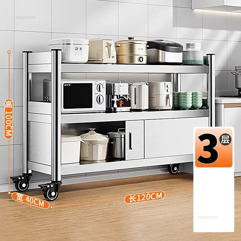 Stainless Steel Kitchen Cabinets with Door Floor Multi-layer Sliding Door Cabinet Storage Racks Multi-functional Home Furniture