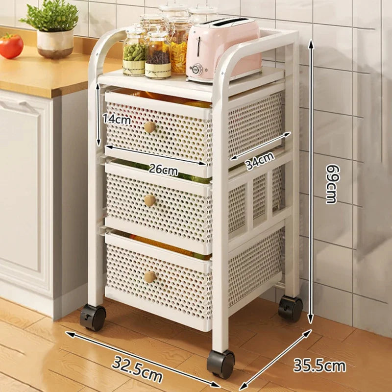 Kitchen Trolley Cart with Wheels with Basket Multi-Layer Hand Pull-Out Layered Racks Drawer Vegetable Fruit Snack Storage Shelf