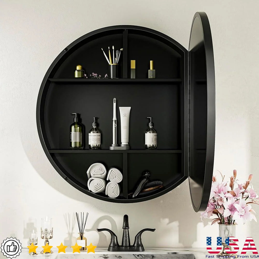 Round Black Medicine Cabinet with Mirror Surface Mount Metal Frame Adjustable Shelves Wall Storage Farmhouse Bathroom Organizer