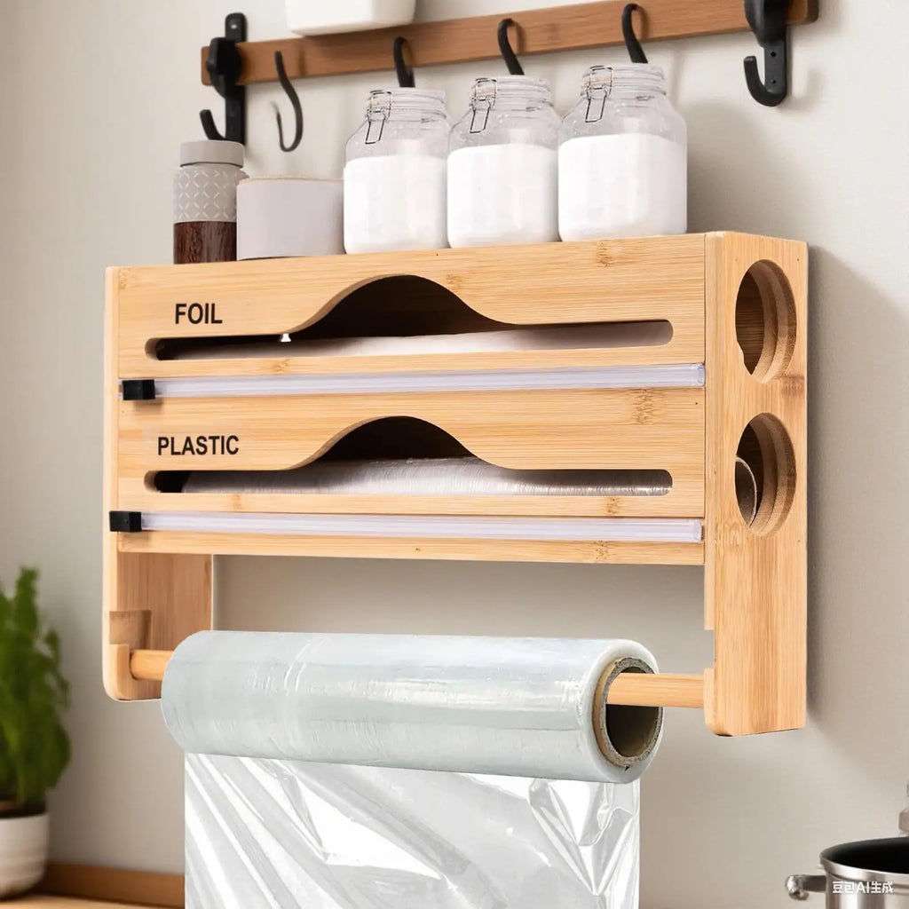 Foil Plastic Wrap Organizer Dispenser Wall Mounted Bamboo Kitchen Paper Towel Holder with Spice Shelf Kitchen Wrap Dispenser
