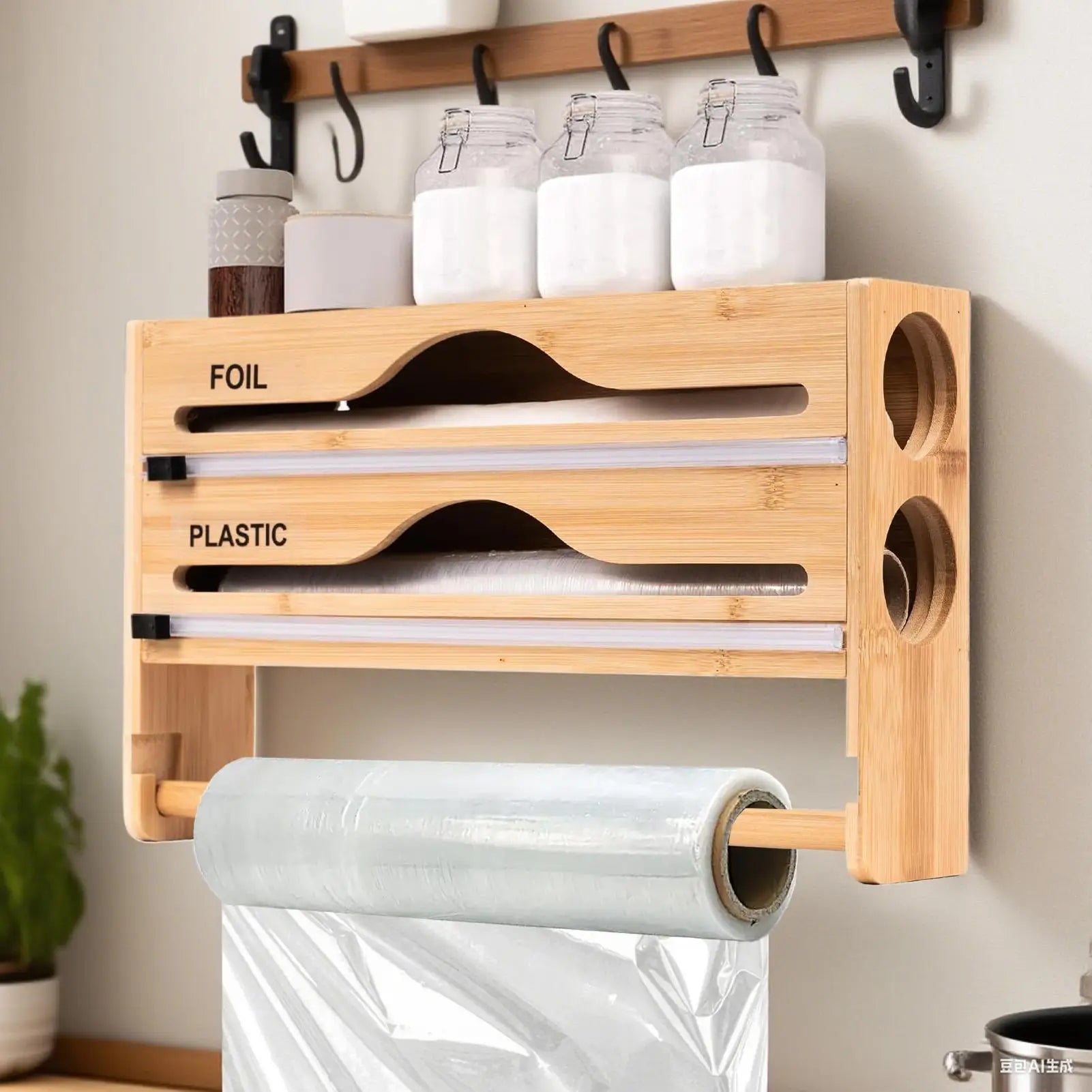 Foil Plastic Wrap Organizer Dispenser Wall Mounted Bamboo Kitchen Paper Towel Holder with Spice Shelf Kitchen Wrap Dispenser
