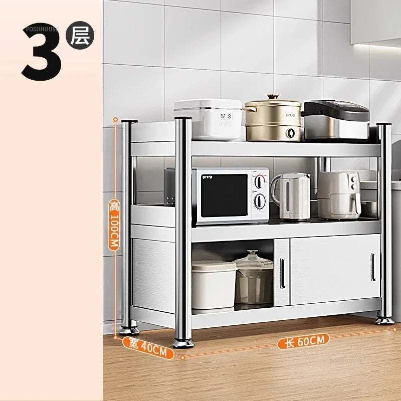 Stainless Steel Kitchen Cabinets with Door Floor Multi-layer Sliding Door Cabinet Storage Racks Multi-functional Home Furniture