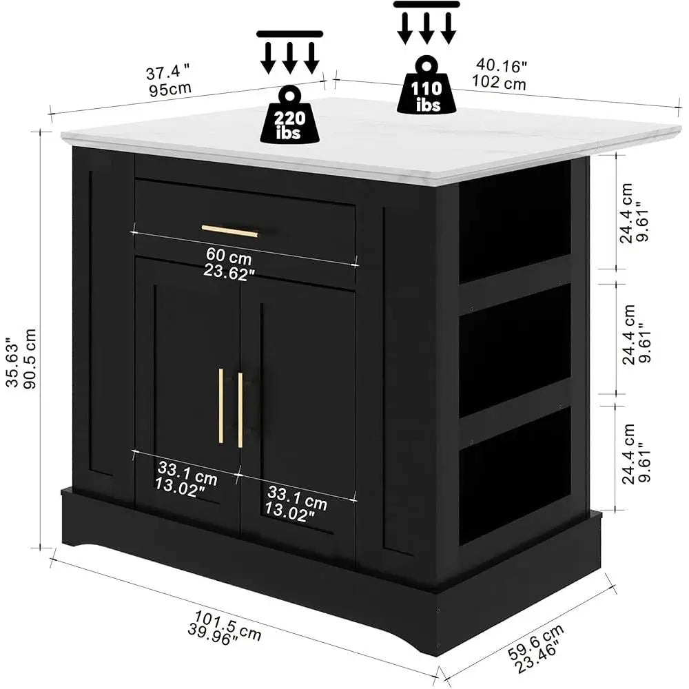 Large Kitchen Island with Storage and Power Outlet Drop Leaf Adjustable Shelves Multi-Functional Dining Prep Area Organizer