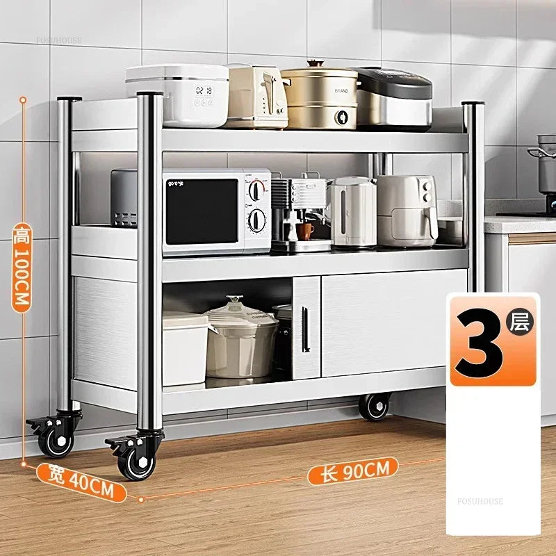Stainless Steel Kitchen Cabinets with Door Floor Multi-layer Sliding Door Cabinet Storage Racks Multi-functional Home Furniture