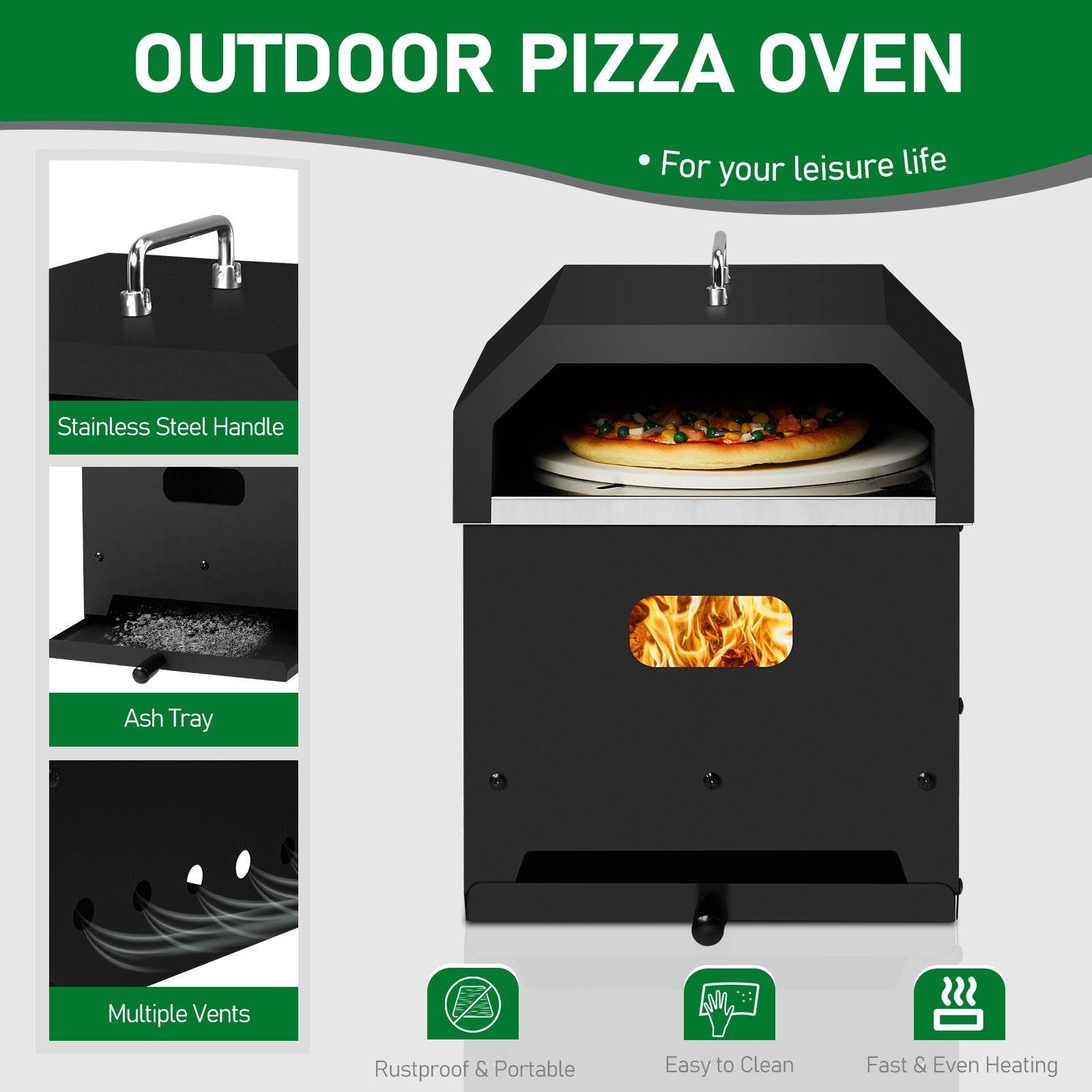 Black, Square Pizza Oven With Handle, Iron Charcoal Oven