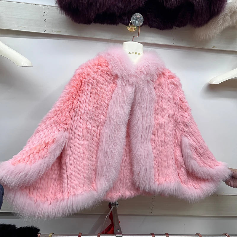 2025 New Natural Rabbit Fur Bat Shirt Coats Knitted Women Real Fox Fur Collar Jackets Luxury Woman Clothing Outwear