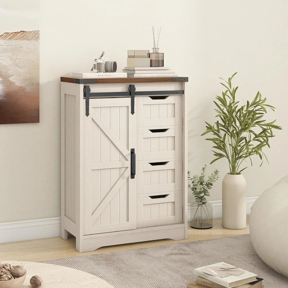 Farmhouse Bathroom Storage Cabinet, Bathroom Cabinet with 4 Drawers and Sliding Door, Farmhouse Floor Storage Organizer