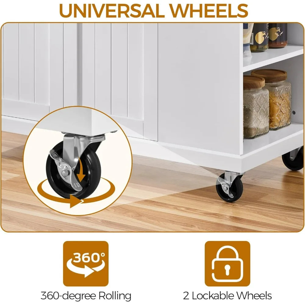 Portable Rolling Kitchen Island Cart Rubberwood Drop Leaf Breakfast Bar with Storage Open Shelves And Detachable