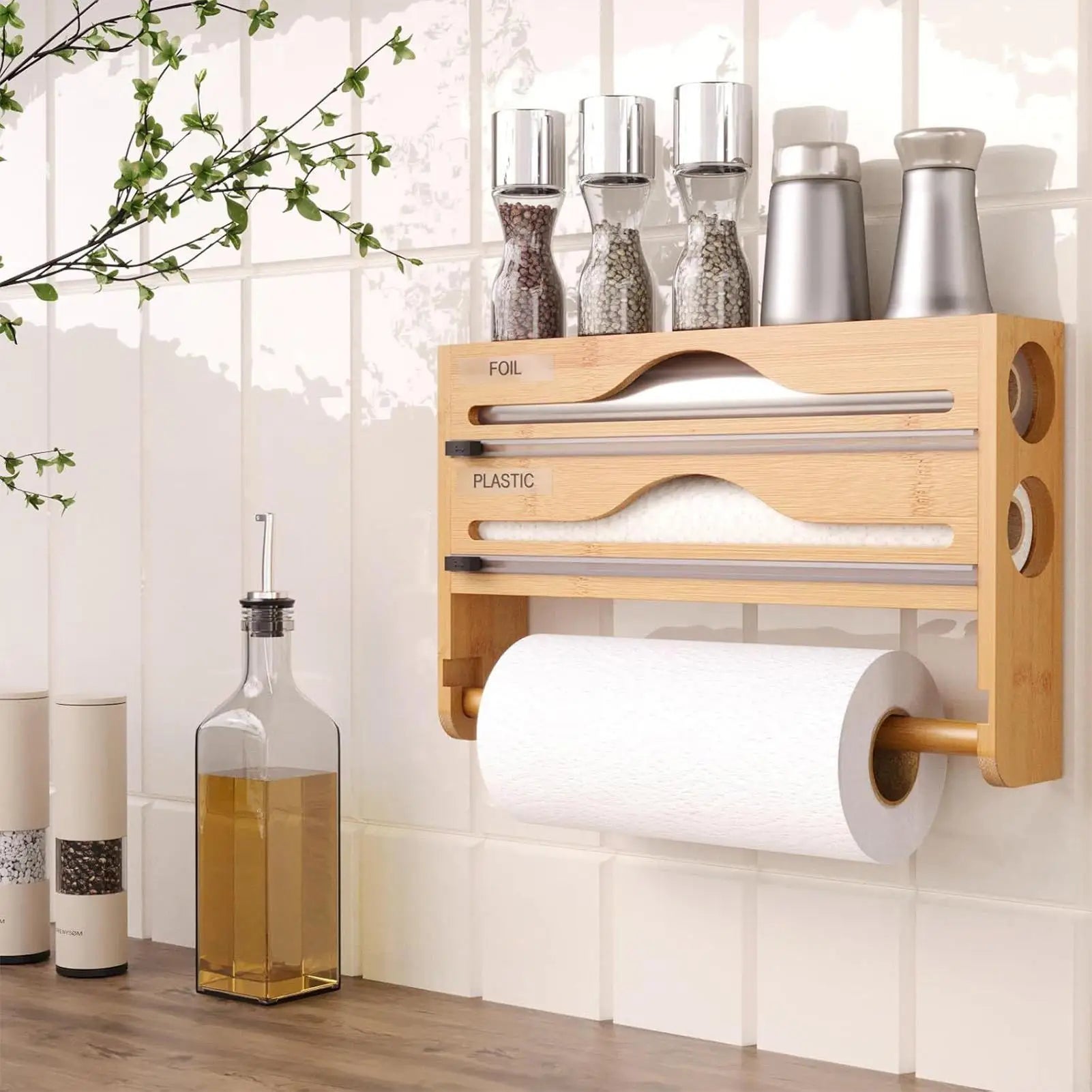 Foil Plastic Wrap Organizer Dispenser Wall Mounted Bamboo Kitchen Paper Towel Holder with Spice Shelf Kitchen Wrap Dispenser
