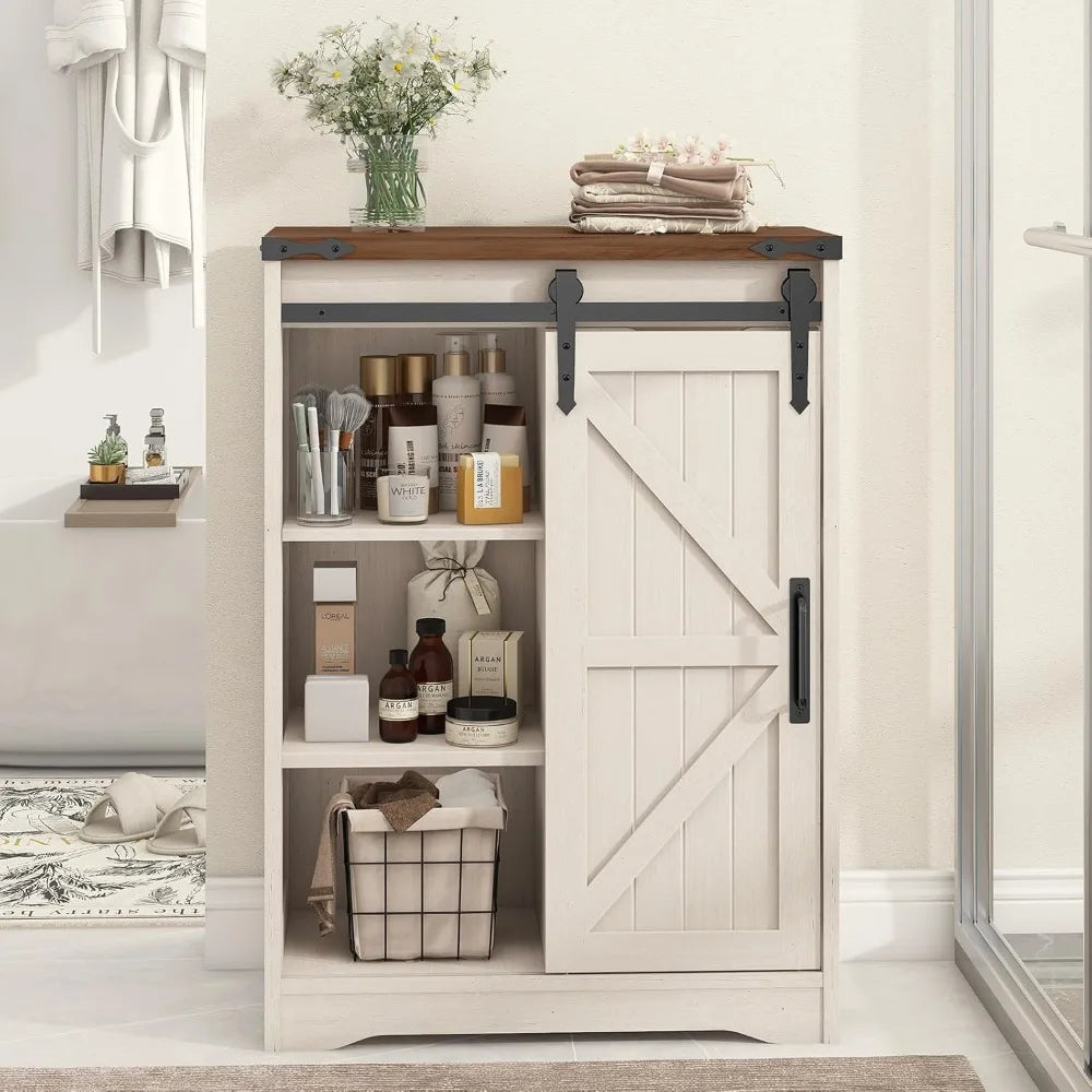 Farmhouse Bathroom Storage Cabinet, Bathroom Cabinet with 4 Drawers and Sliding Door, Farmhouse Floor Storage Organizer