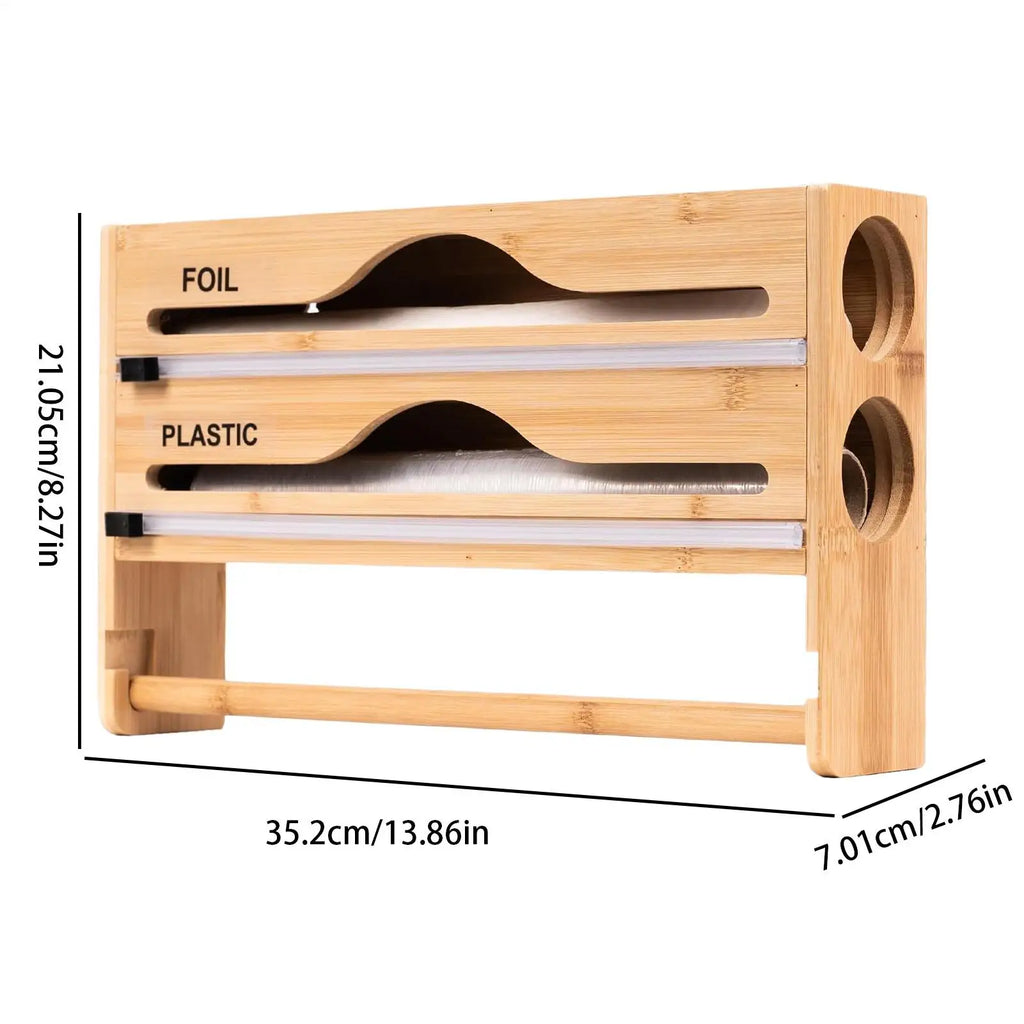 Foil Plastic Wrap Organizer Dispenser Wall Mounted Bamboo Kitchen Paper Towel Holder with Spice Shelf Kitchen Wrap Dispenser
