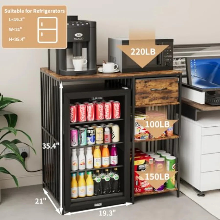 Mini Fridge Cabinet with Power Outlet 3Tier Industrial Style Kitchen Microwave Stand Baker Rack with Drawer Utility Storage She
