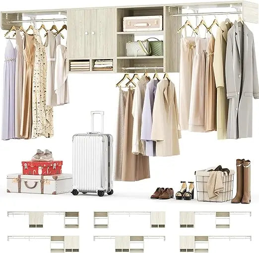 Multi-Purpose Closet System with 3 Hanging Rods, 5-10Ft Closet Organizer with Cabinet and Open Storage, Wood Closet Orga