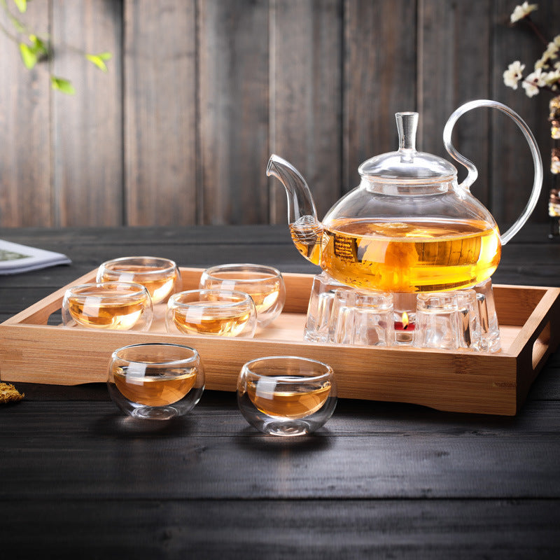 Glass Tea Set Suit With Tea Tray Kung Fu Tea Set High Temperature Resistant Glass Teapot Heart-shaped Candlestick Tea Set