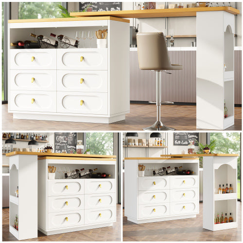 360 Rotating Bar Table Main Body 137 X 39 X 90 Cm, Coffee Bar Furniture, Rotating Dining Bar With Storage, Kitchen Island, With Spice Rack, Six Drawers, Open Storage Space, White