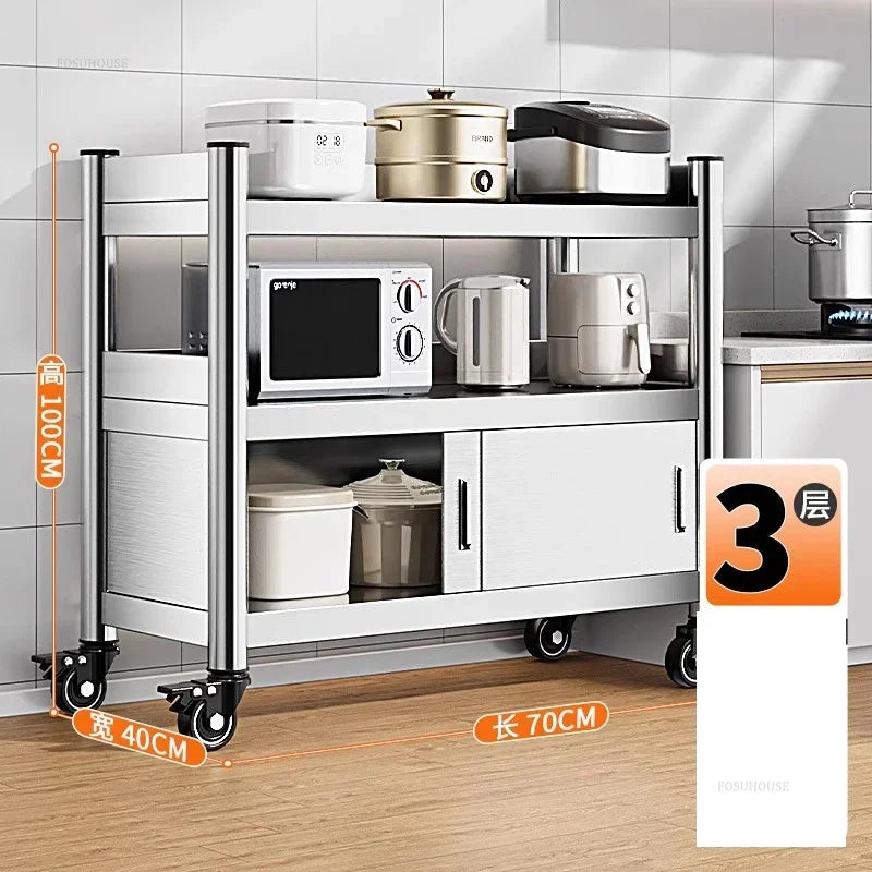 Stainless Steel Kitchen Cabinets with Door Floor Multi-layer Sliding Door Cabinet Storage Racks Multi-functional Home Furniture