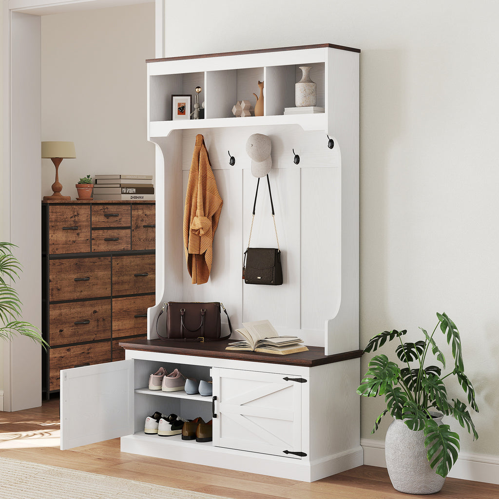 3-in-1 Hall Tree With Shoe Storage, Coat Rack With Bench, Entryway Furniture With Five Hooks, White Wood Grain