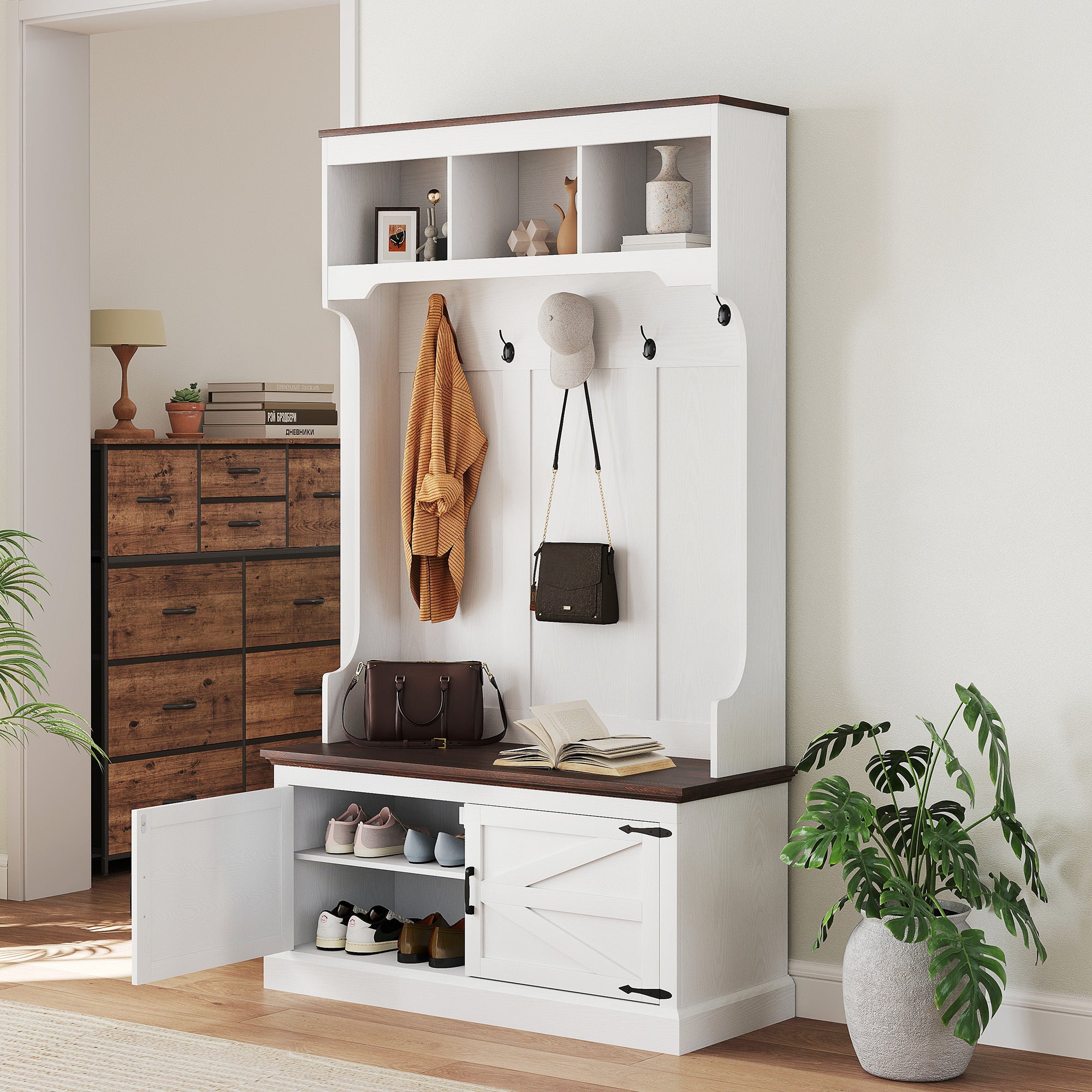 3-in-1 Hall Tree With Shoe Storage, Coat Rack With Bench, Entryway Furniture With Five Hooks, White Wood Grain