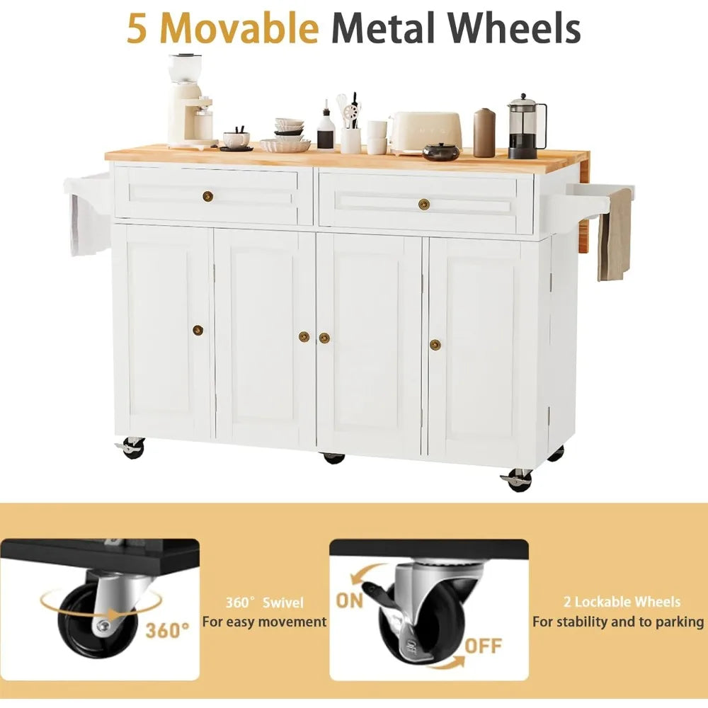 Kitchen Island Cart with Storage on Wheels, 59" Large Rolling Kitchen Island with Drop Leaf, Mobile Island for Kitchen with Towe