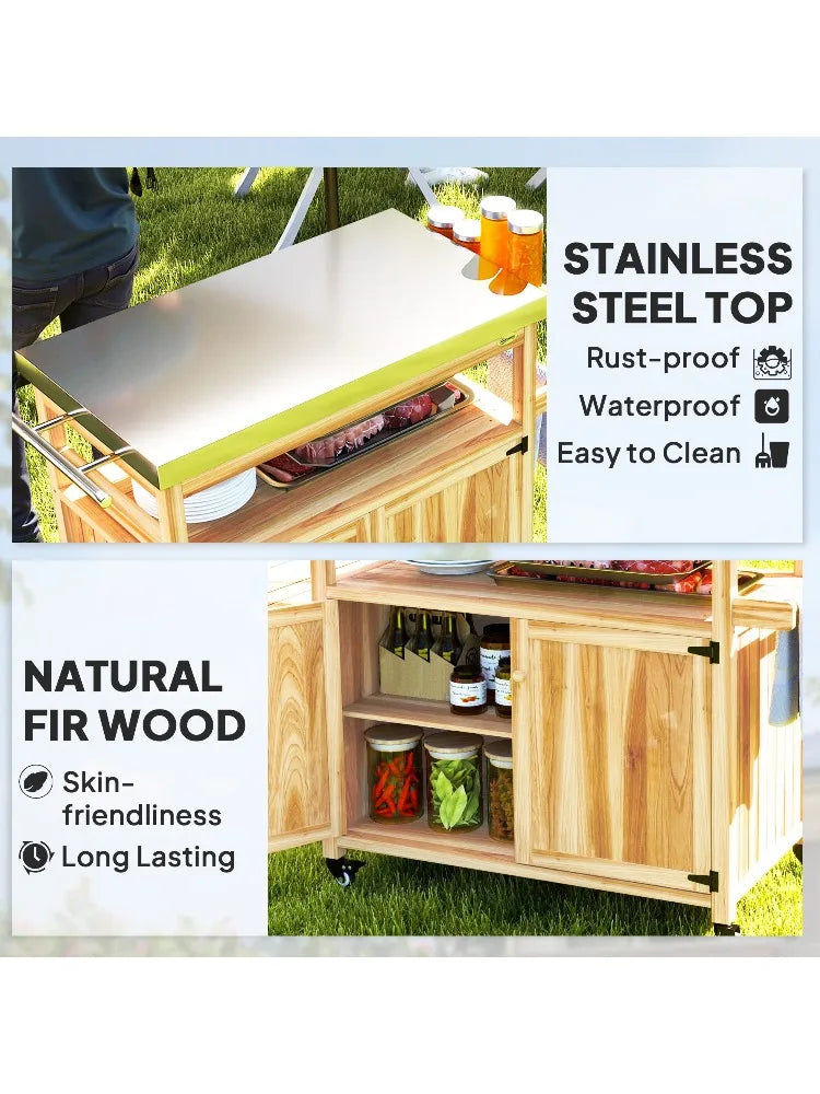 For Outsunny Outdoor Grill Cart w/ Stainless Steel Top, Solid Wood Outdoor Kitchen Island w/ Wheels, Storage Cabinets, Natural W